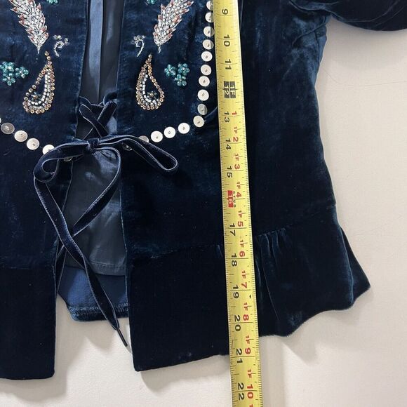 Nanett Lepore Jacket Women’s 4 Velvet Turquoise Blue Beaded Lace Up Goth Fairy - Picture 7 of 8